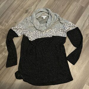 Market & Spruce Gray Leopard Cowl Neck Brush Knit Womens Medium Cozy Pullover